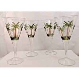 4 Clear Green Palm Tree Acrylic Stemmed All Purpose Wine Glasses Picnic Pool 8.7